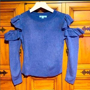 Open Shoulder Ruffled Blue Sweater